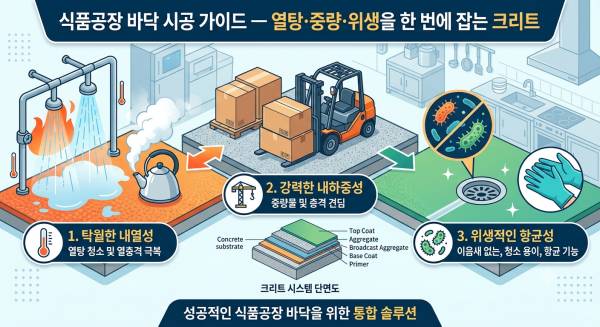 식품공장 바닥 시공 가이드 — 열탕·중량·위생을 한 번에 잡는 크리트