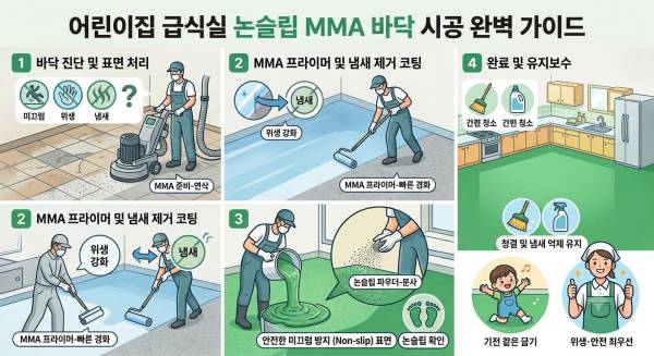 어린이집 급식실 바닥시공 가이드 — 미끄럼·위생·냄새까지 논슬립 MMA로 해결