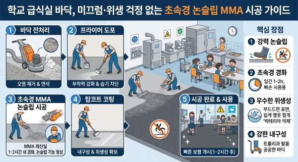 학교 급식실 바닥, 미끄럼·위생 걱정 없는 초속경 논슬립 MMA 시공 가이드